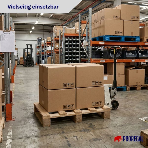 Organisiertes Lager mit Schwerlastregalen, Paletten, Hubwagen und Gabelstapler. Vielseitig einsetzbar. Proregal Logo.