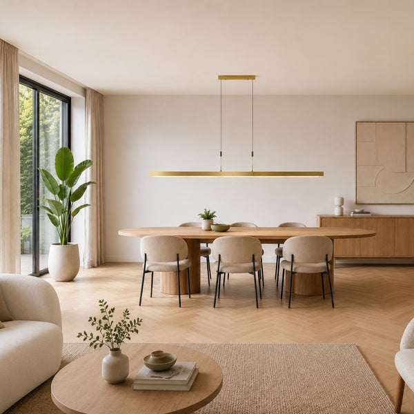 Modernes Esszimmer mit ovalem Holztisch, gepolsterten Stühlen und einer langen Pendelleuchte in minimalistischem Design.