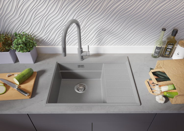 PRIMAGRAN Spülbecken Grau 62x50cm, Granitspüle 1 Becken + Ablauf-Set + Küchenzubehörset, Küchenspüle ab 45er Unterschrank - Sydney