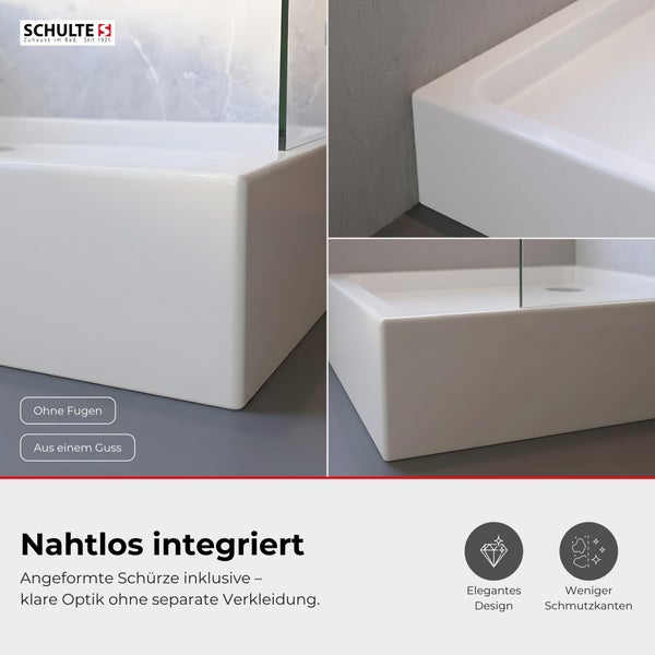 Schulte Logo. Weiße Duschwanne mit nahtlos integrierter Schürze aus einem Guss ohne Fugen. Symbole für elegantes Design und weniger Schmutzkanten.