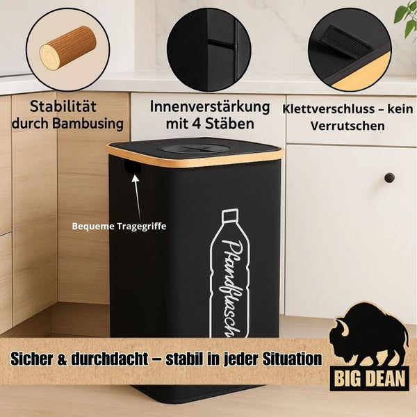 Schwarzer Wertstoffsammler mit Aufdruck Pfandflasche und Bambusdeckel