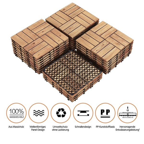 Holzfliesen aus Massivholz mit gewelltem Paneldesign, umweltfreundlich ohne Lackierung, Schnallendesign, PP-Kunststoffbasis und hervorragender Entwässerungsleistung