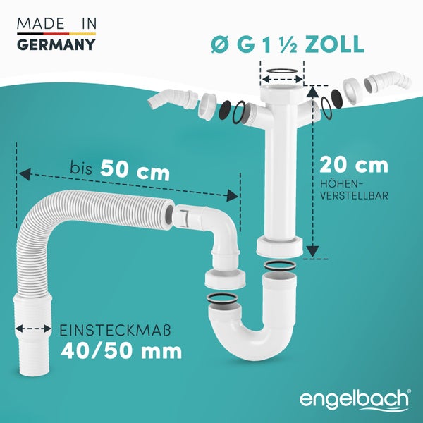 Engelbach® Siphon für Küchenspüle mit Flexiblem Ablaufschlauch mit doppeltem Geräteanschluss inkl. Montage-Video