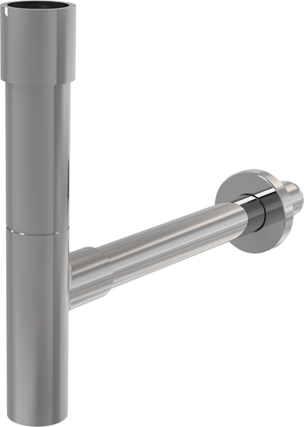 Flaschensiphon für Waschtisch aus verchromtem Metall mit Wandrosette.