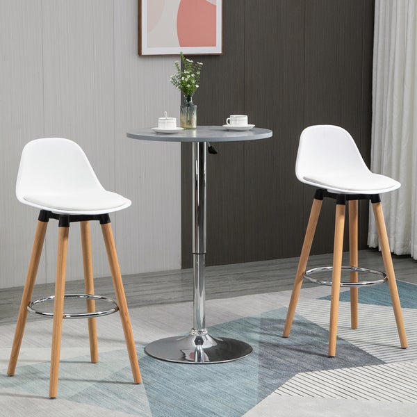 HOMCOM Barhocker 2er Set, Gepolstert Barstuhl mit Holzbeine und Rückenlehne, Küchenstühle mit Fußstütze aus Stahl, Tresenhocker für Küche, Wohnzimmer, Esszimmer, Kunstleder, Weiß