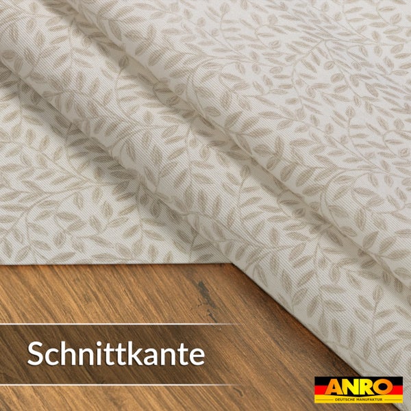 Tischdecke Meterware mit Blattmuster, Schnittkante auf Holzoberfläche dargestellt, ANRO Logo.