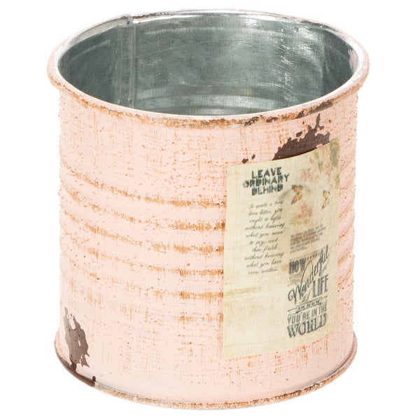 Übertopf aus Metall in Dosenform, Vintage-Stil, rosa strukturiert mit dekorativem Etikett und silberfarbener Innenseite.
