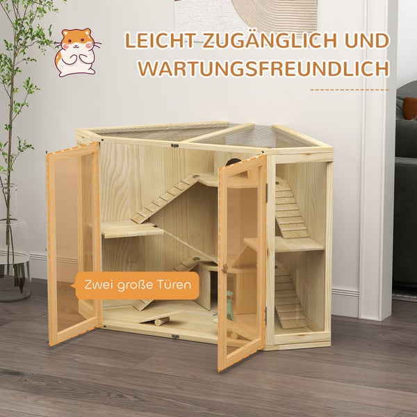 PawHut Hamsterkäfig aus Holz, Nagerkäfig mit 4 Ebenen, Hütten, Wippe, Kleintierstall mit Fütterungsstation, Rampe, Kleintierkäfig Mäusekäfig für Zwerg- und Syrische Hamster, 115 x 69,5 x 79 cm