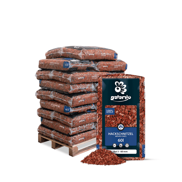 Galarnio Hackschnitzel auf Palette gestapelt, 60 Liter pro Sack.