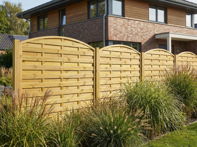 Holzzaun mit Flechtmuster vor einem Wohnhaus