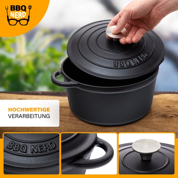BBQ-Nerd Bräter (rund) mit Deckel 4 L aus Gusseisen mit Emaille-Beschichtung | Bratentopf Kochtopf Gusseisentopf - ideal zum langsamen Garen | Energieeffiziente, wärmespeichernde Cocotte