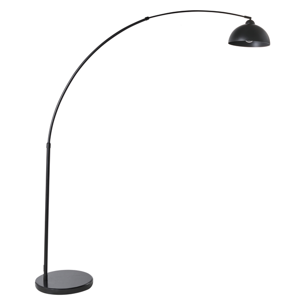 Schwarze Bogenlampe aus Metall mit rundem Standfuß und halbkugelförmigem Schirm.