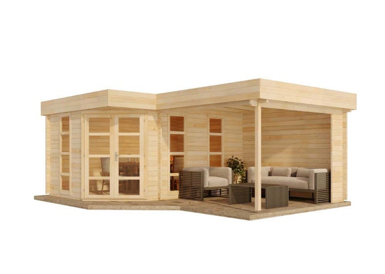 Alpholz 5-Eck Gartenhaus Lindau-40 mit Anbau aus Massiv-holz, Gerätehaus mit 40 mm Wandstärke, Garten Holzhaus inklusive Montagematerial, Geräteschuppen Größe: 442 x 618 cm, Flachdach