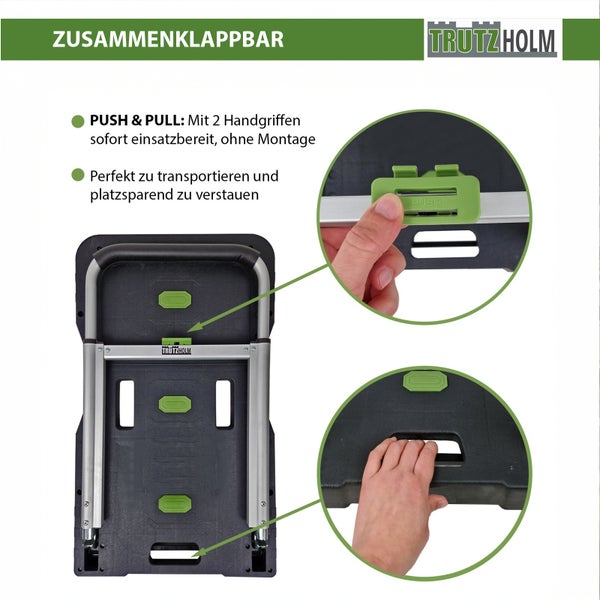 Zusammenklappbare Sackkarre von Trutzholm mit PUSH Mechanismus und Tragegriff für einfachen Transport und platzsparende Lagerung.