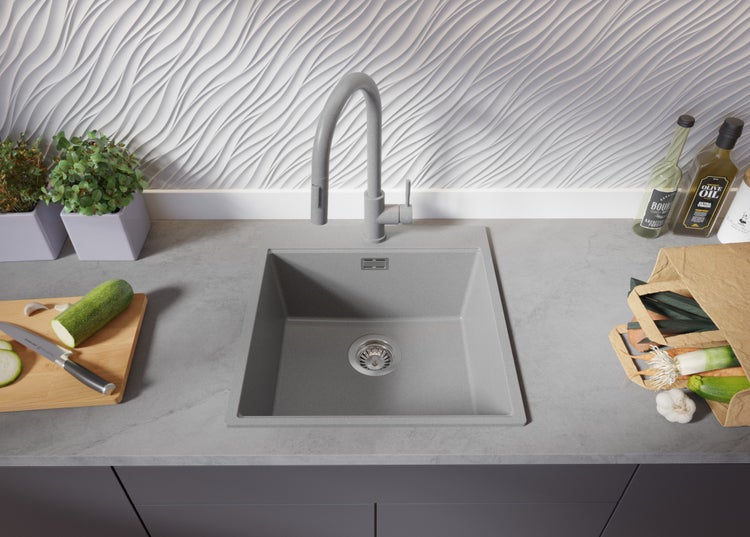 PRIMAGRAN Spülbecken Grau 48x50cm, Granitspüle 1 Becken + Ablauf-Set + Aufrollbare Abtropffläche, Küchenspüle ab 50er Unterschrank - Oslo