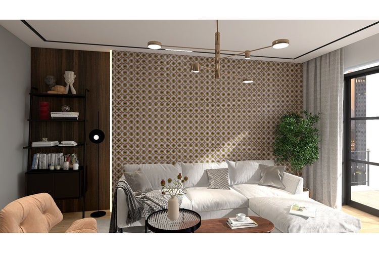 Wohnzimmer mit Sofa, Bücherregal und dekorativer Wand