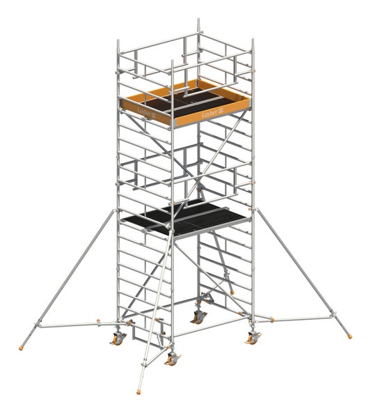 Layher Fahrgerüst mit Plattformen und Stabilisatoren