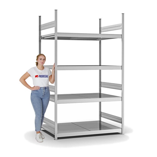 PROREGAL Weitspannregal Stecksystem T-Profil Grundregal HxBxT 250x150x80 cm 4 Ebenen Stahlplatten Fachboden Fachlast 350 kg Verzinkt