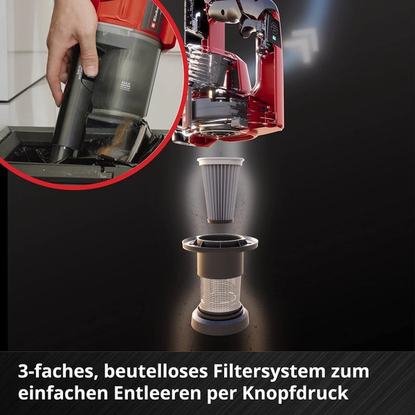 Einhell Logo. Beutelloses dreifach Filtersystem eines Staubsaugers mit Filterkomponenten und Entleerung des Staubbehälters per Knopfdruck.