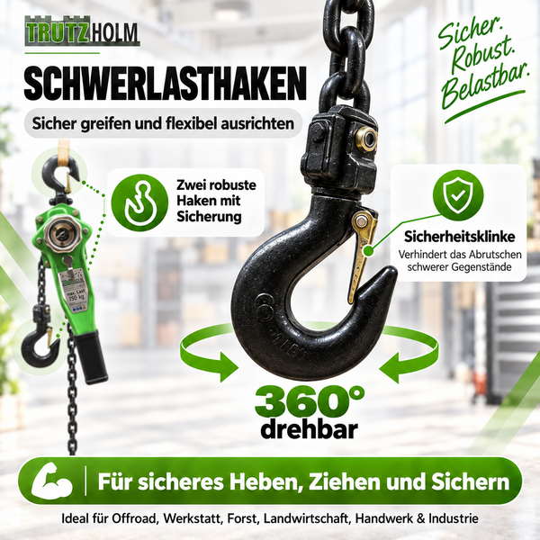 Trutzholm Schwerlasthaken mit 360 Grad Drehgelenk und Sicherheitsklinke für Hebezeuge in Werkstatt, Forst, Landwirtschaft und Industrie.