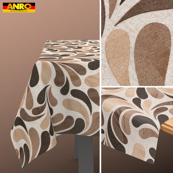 ANRO Logo. Tischdecke mit abstraktem Tropfenmuster in Brauntönen sowie Detailansicht der gewebten Textilstruktur.