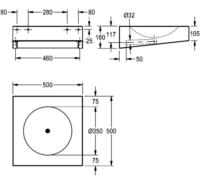 Maßzeichnung eines quadratischen Waschbeckens, 500 mal 500 Millimeter, mit rundem Innenbecken, Durchmesser 350 Millimeter.
