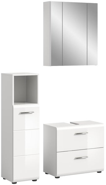 Dreiteiliges Badmöbelset in Weiß Hochglanz bestehend aus einem Spiegelschrank, einem Waschbeckenunterschrank und einem Midischrank.