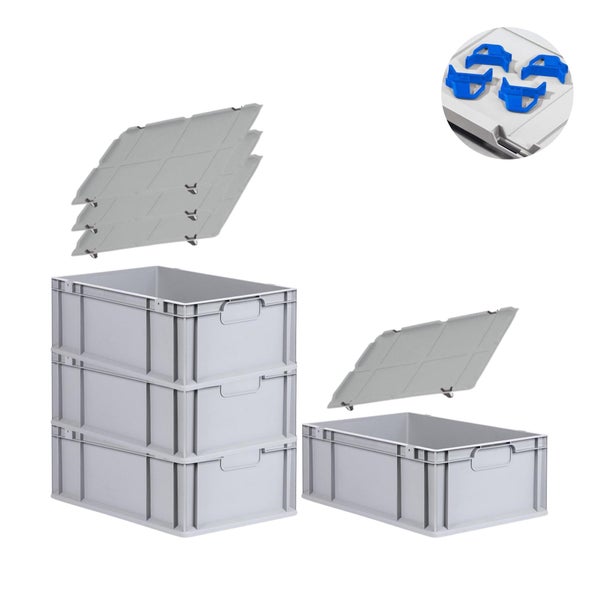 PROREGAL Spar Set 4x Eurobox Nextgen Economy Mit Auflagedeckel & 4x Schiebeschnappverschlüsse Blau Griffe Geschlossen HxBxT 22 x 40 x 60 cm 44 Liter