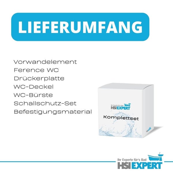 Lieferumfang mit Vorwandelement, Ference WC, Drückerplatte, WC-Deckel, WC-Bürste, Schallschutz-Set und Befestigungsmaterial sowie HSI Expert Logo
