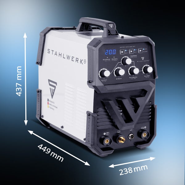 STAHLWERK AC/DC WIG 200 ST Schweißgerät mit den Maßen 437 mm Höhe, 449 mm Breite und 238 mm Tiefe