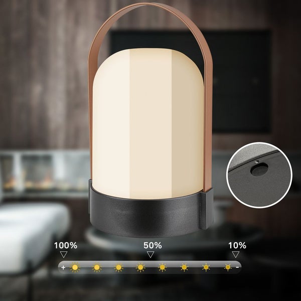 Tragbare LED-Laterne mit braunem Tragegriff und schwarzem Sockel, Darstellung der Dimmstufen 100 Prozent, 50 Prozent und 10 Prozent.