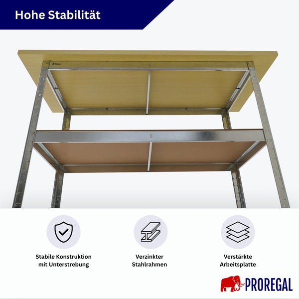 Werkbank mit zwei Regalebenen, verzinktem Stahlrahmen, Unterstrebung und verstärkter Arbeitsplatte, Produktansicht von unten, Proregal Logo.