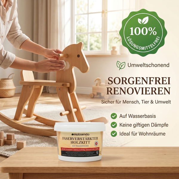 Holzando faserverstärkter Holzkitt auf einem Schaukelpferd. Der Kitt ist umweltschonend, wasserbasiert und einhundert Prozent lösungsmittelfrei.