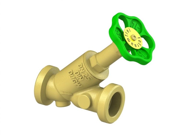 Schrägsitzventil DN 25 aus Messing mit grünem Handrad, DIN DVGW geprüft.