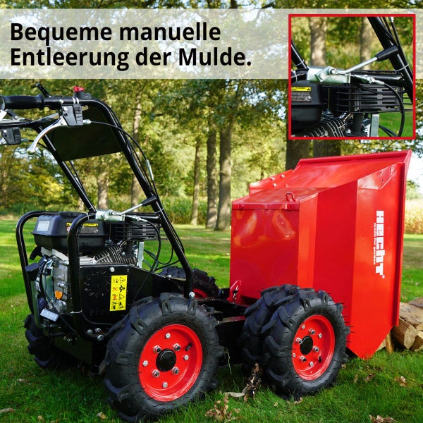 Motorisierter Raddumper Hecht mit roter Metallmulde, grobstolligen Reifen, Hecht Logo und Detailansicht des Hebels für manuelles Kippen.