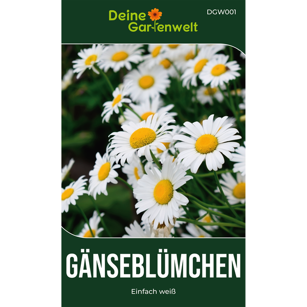 Samentüte für Gänseblümchen der Marke Deine Gartenwelt mit weißen Blüten und gelber Mitte.