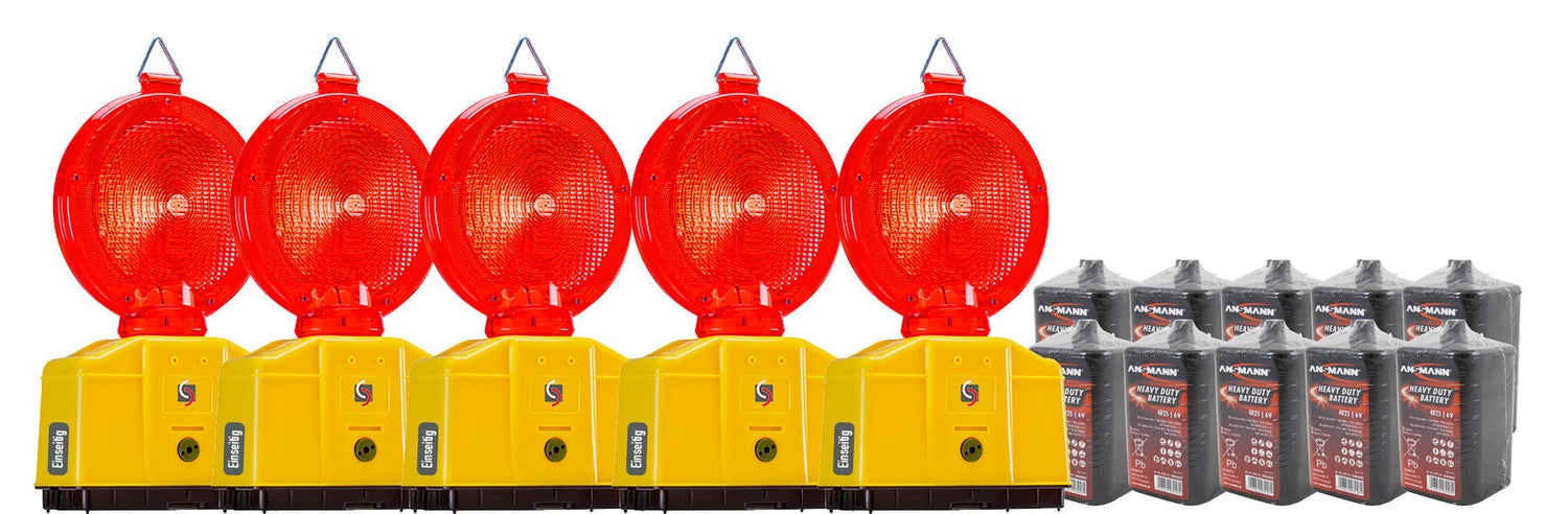 Vollsperrung Set 5 x LED Warnleuchten rot - einseitiger Lichtaustritt inkl. Batterien - Typ: Einseitig mit 10 x 9 Ah Batterien