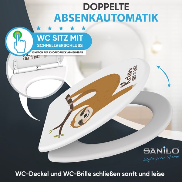 WC Sitz mit Faultier Motiv Absenkautomatik und Schnellverschluss Sanilo Logo
