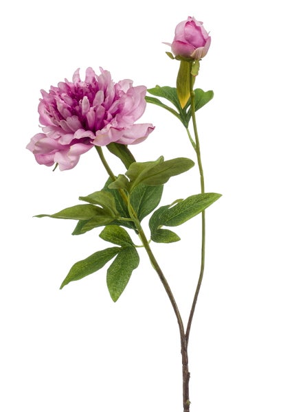 Künstliche rosa Pfingstrose mit einer offenen Blüte, einer Knospe und grünen Blättern.