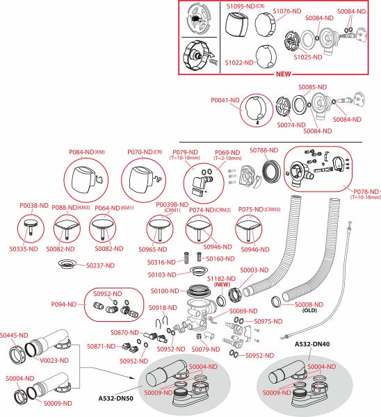 Explosionszeichnung einer Badewannen-Ablauf- und Überlaufgarnitur mit beschrifteten Ersatzteilen wie Ventilkegeln, Dichtungen, Schläuchen und Siphons.