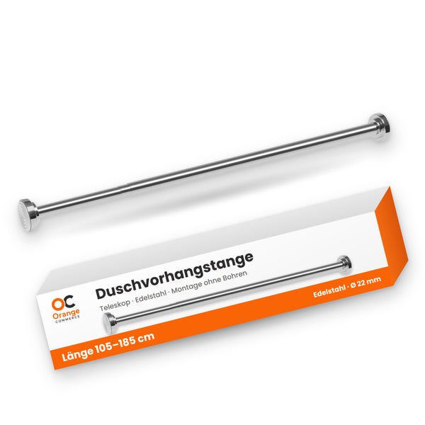 Teleskop Duschvorhangstange aus Edelstahl mit 22 Millimeter Durchmesser und verstellbarer Länge von 105 bis 185 Zentimeter ohne Bohren montierbar.