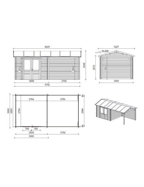 Technische Zeichnung eines Gartenhauses aus Holz mit Anbau, inklusive Grundriss, Frontansicht, Seitenansicht und perspektivischer Darstellung.