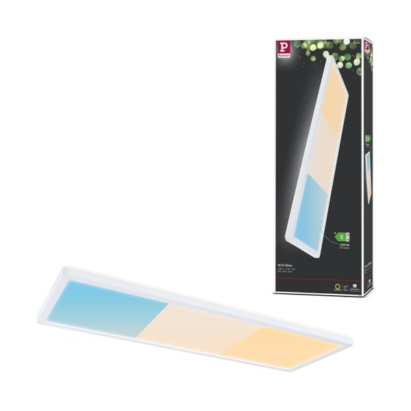 Runde LED Deckenleuchte mit flachem Design und schwarzem Rahmen montiert an einer hellen Decke