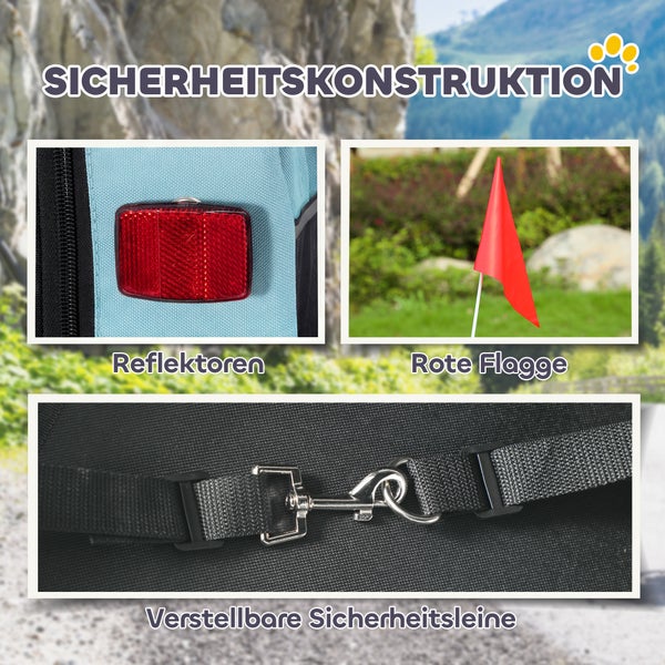 Sicherheitsmerkmale bestehend aus Reflektoren, einer roten Flagge und einer verstellbaren Sicherheitsleine.