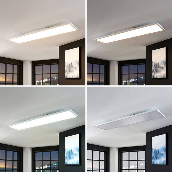 Rechteckiges LED-Panel an der Decke in vier Einstellungen: warmweißes, neutralweißes, kaltweißes Licht und im ausgeschalteten Zustand.