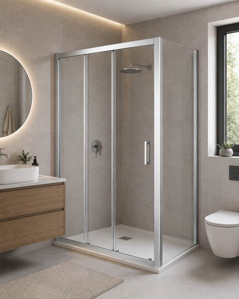 Moderne Eckdusche mit Schiebetüren und flacher Duschwanne in einem hellen Badezimmer mit Waschtisch und Toilette.