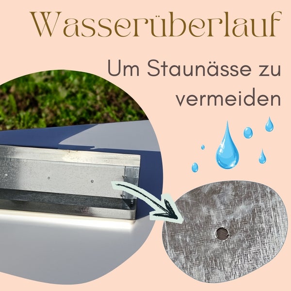 Wasserüberlauf mit Entwässerungsloch an einem Metallprodukt zur Vermeidung von Staunässe.