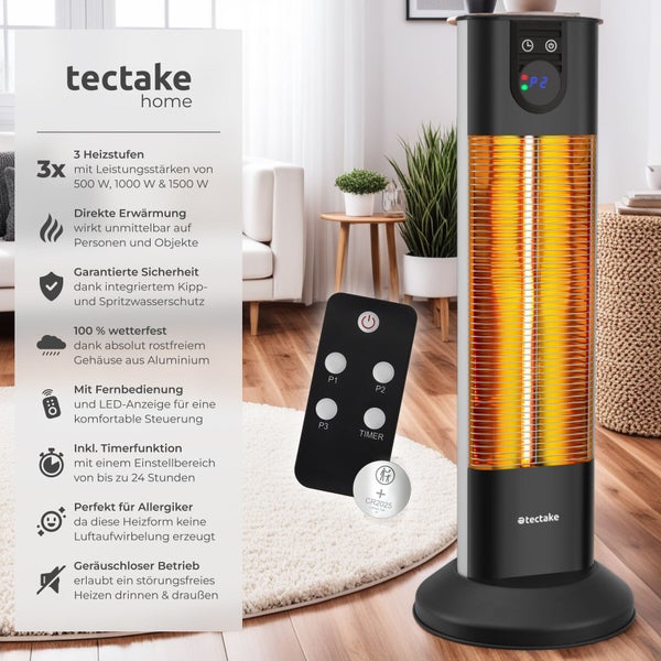 Tectake Home Infrarot Standheizstrahler mit Fernbedienung und drei Heizstufen von 500 Watt bis 1500 Watt für den Innen und Außenbereich.