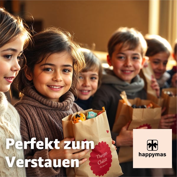 Kinder halten Papiertüten mit Spielzeug, ideal zum Verstauen