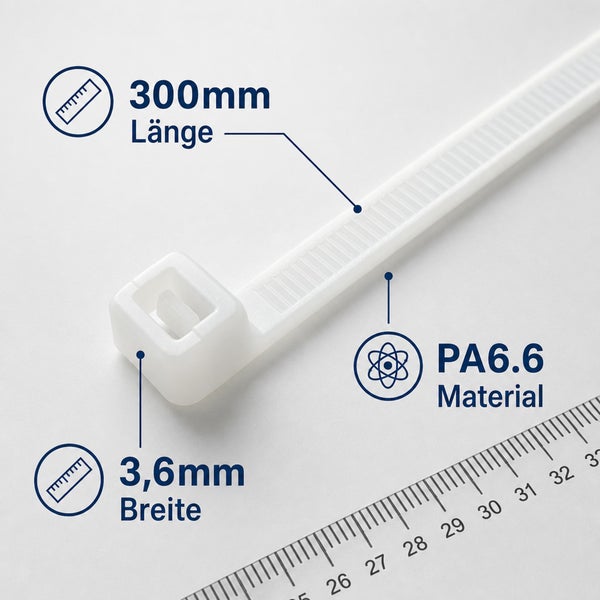 Kabelbinder aus Polyamid 6.6 mit 300 Millimeter Länge und 3,6 Millimeter Breite.